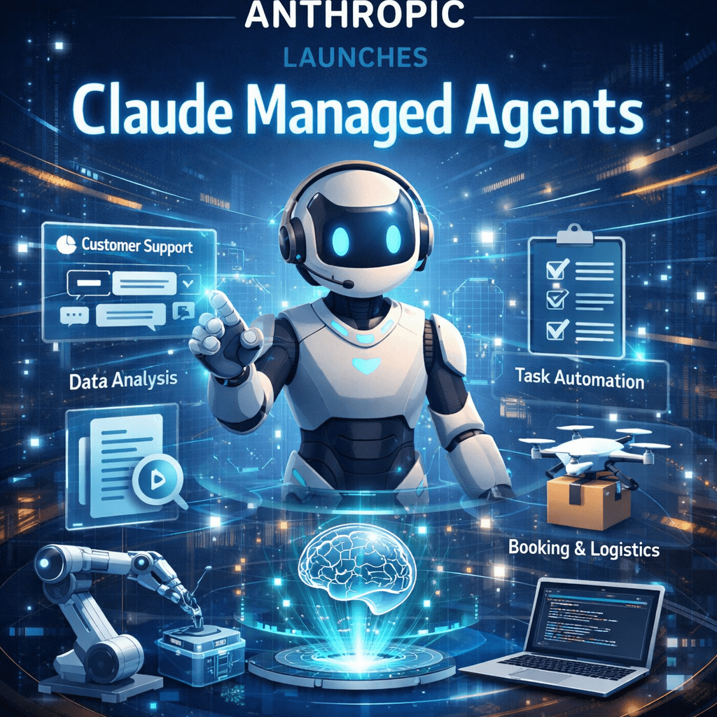 Robot with headset pointing at virtual interfaces labeled customer support, data analysis, task automation, booking and logistics