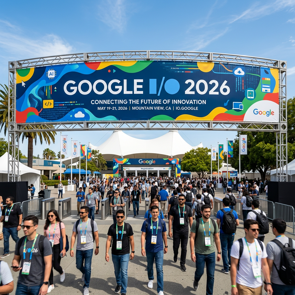 Crowd of people entering Google I/O 2026 conference under a large colorful banner